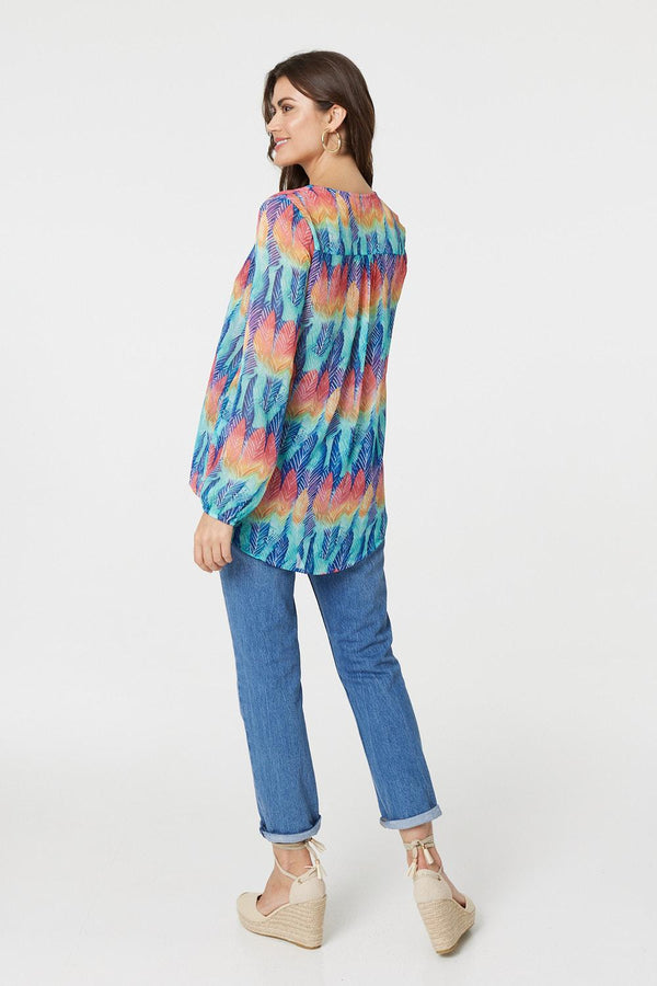 Blue | Leaf Print Long Sleeve Layered Hem Top