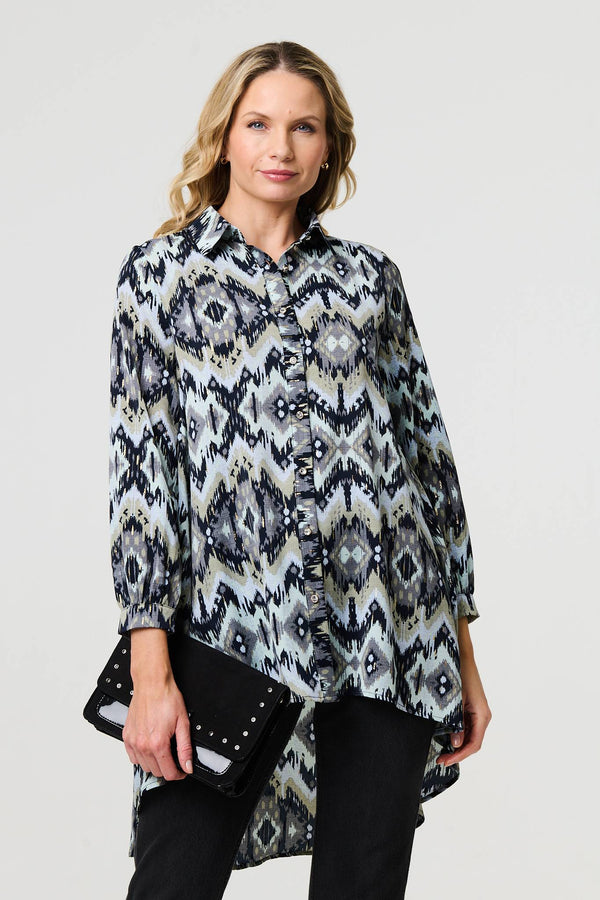 Black | Aztec Print High Low Long Sleeve Shirt