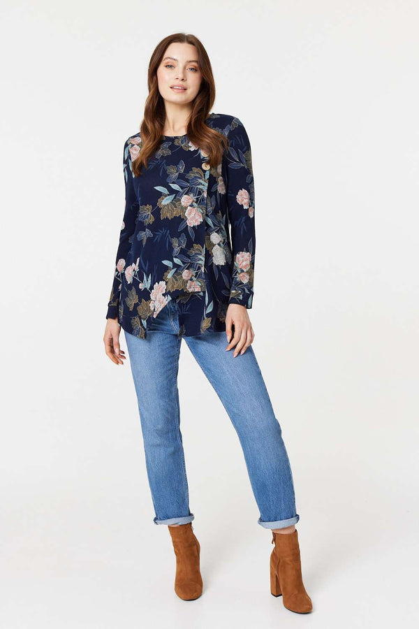 Navy | Floral Print Asymmetric Button Top