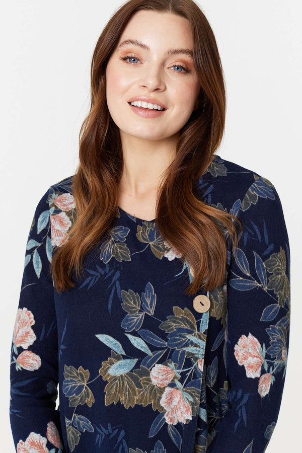 Navy | Floral Print Asymmetric Button Top
