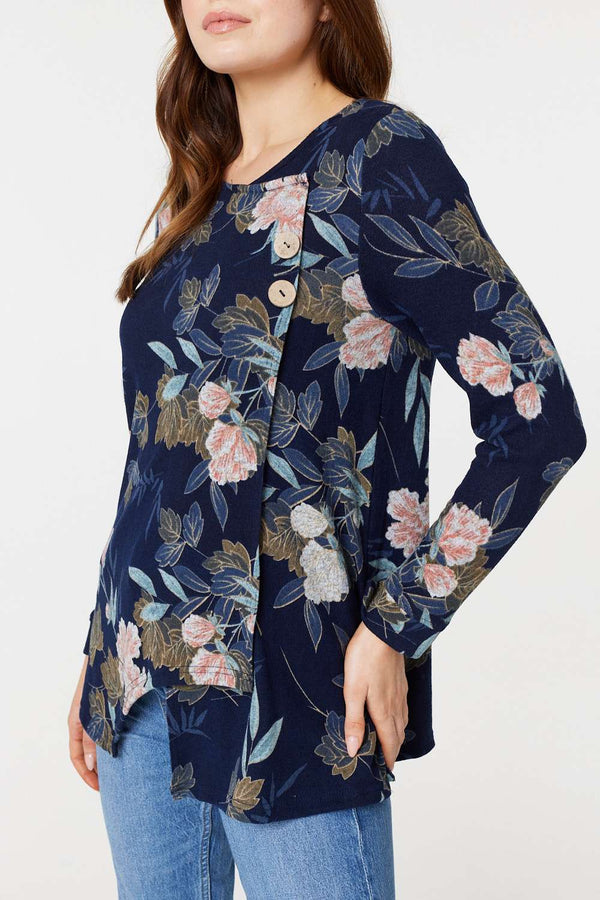 Navy | Floral Print Asymmetric Button Top