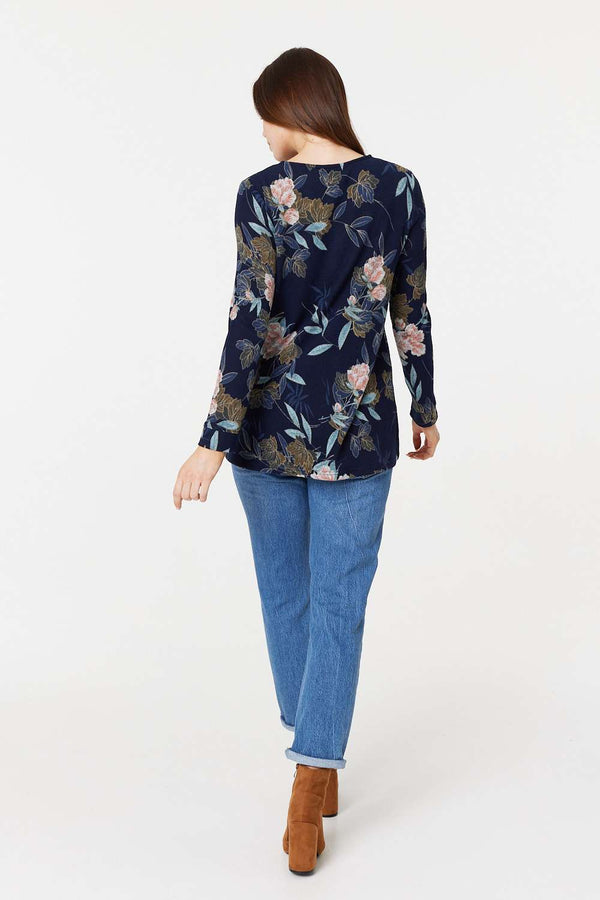 Navy | Floral Print Asymmetric Button Top