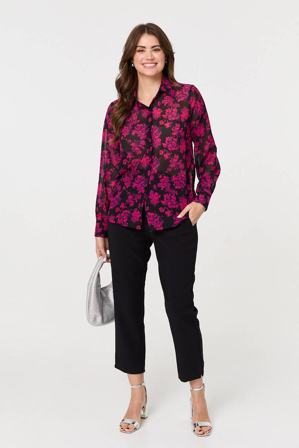 Red | Floral Semi Sheer Long Sleeve Shirt