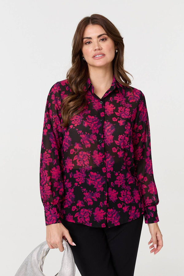 Red | Floral Semi Sheer Long Sleeve Shirt