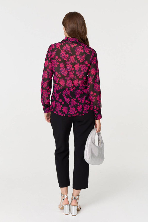 Red | Floral Semi Sheer Long Sleeve Shirt
