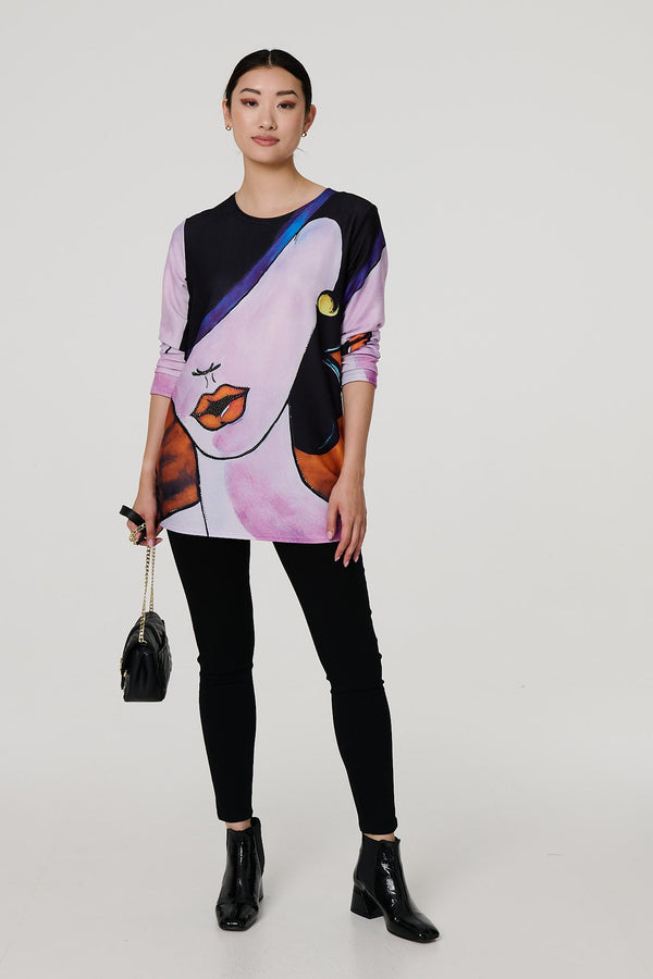 Pink | Abstract Diamante Detail Long Sleeve Top