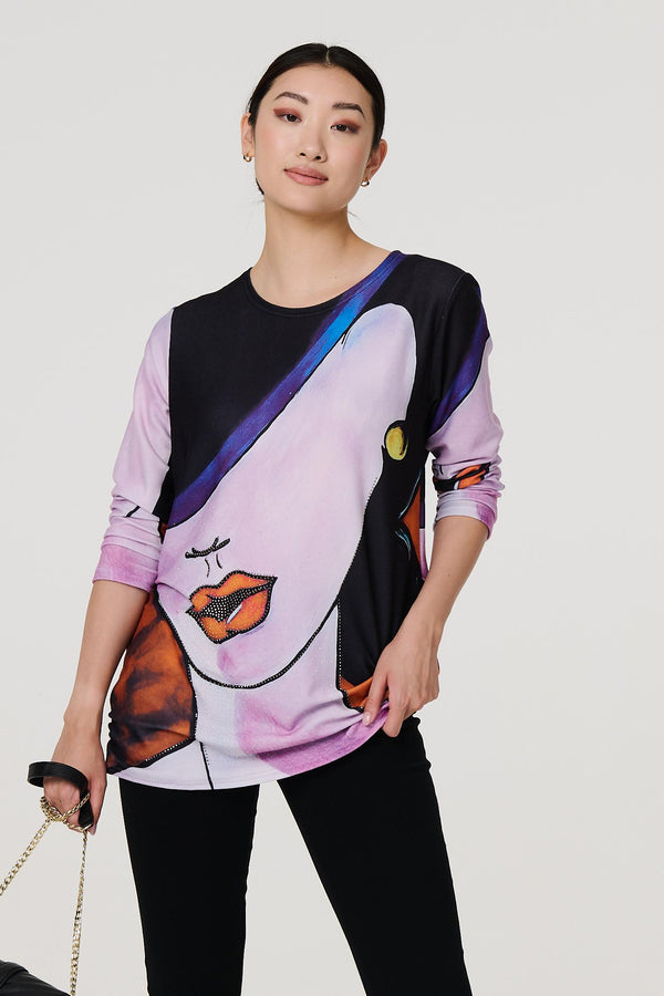 Pink | Abstract Diamante Detail Long Sleeve Top