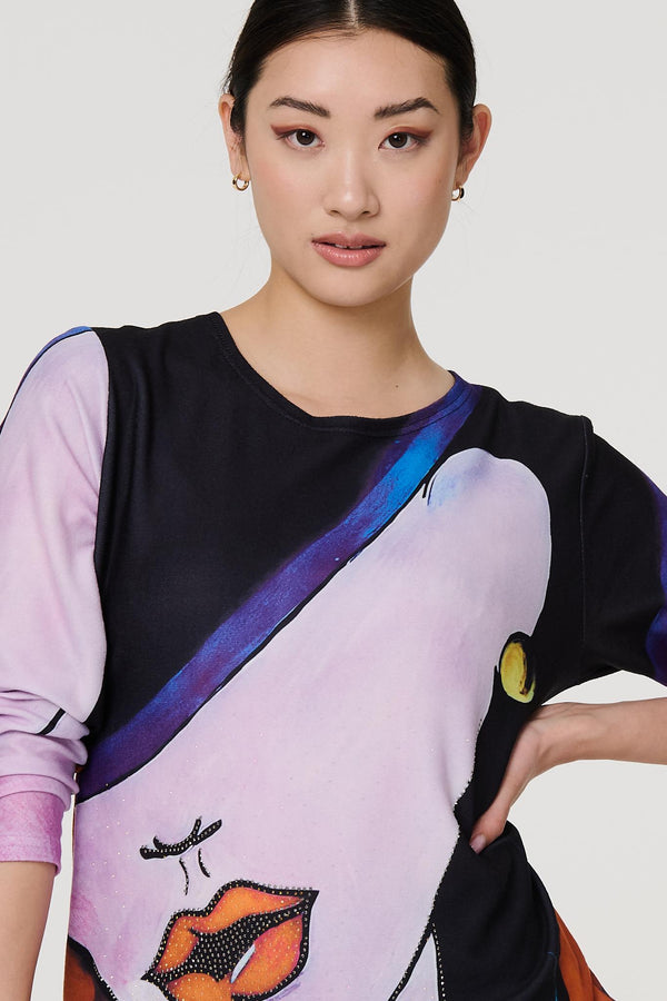 Pink | Abstract Diamante Detail Long Sleeve Top