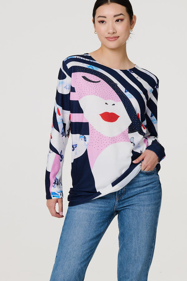 Navy | Abstract Print Long Sleeve Tunic Top