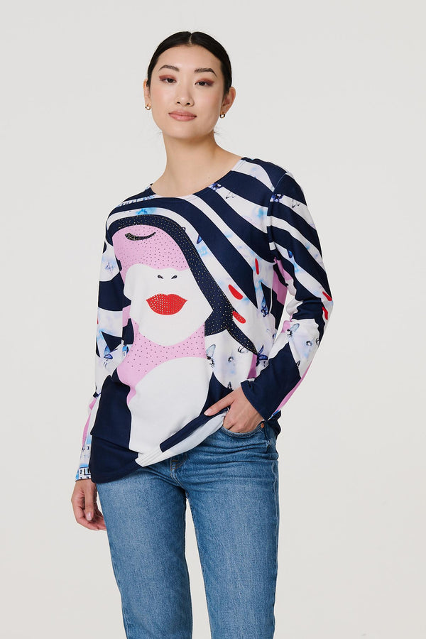 Navy | Abstract Print Long Sleeve Tunic Top