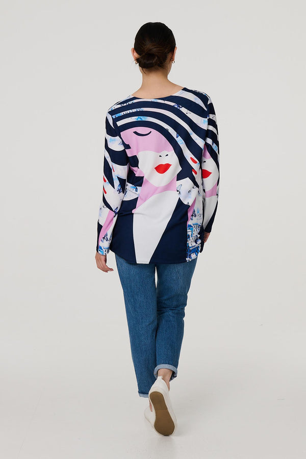 Navy | Abstract Print Long Sleeve Tunic Top