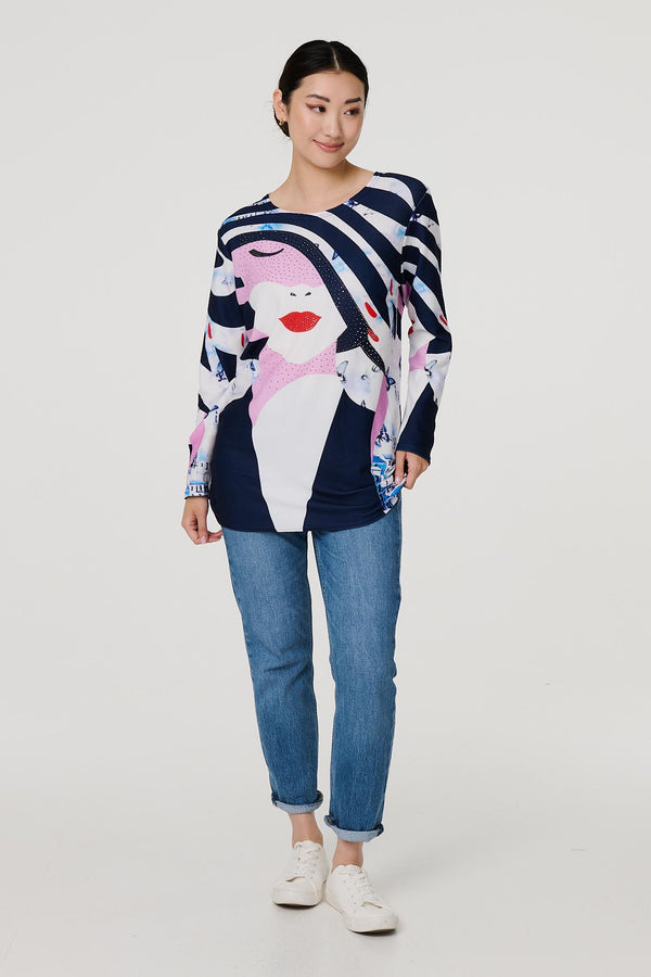 Navy | Abstract Print Long Sleeve Tunic Top