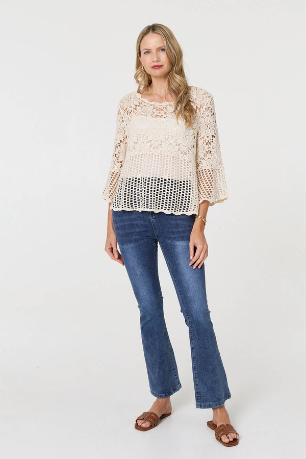 Cream | Semi Sheer Crochet 3/4 Sleeve Crop Top