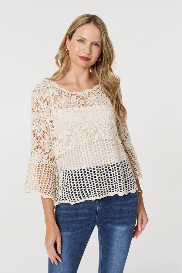 Cream | Semi Sheer Crochet 3/4 Sleeve Crop Top