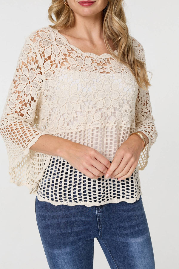 Cream | Semi Sheer Crochet 3/4 Sleeve Crop Top