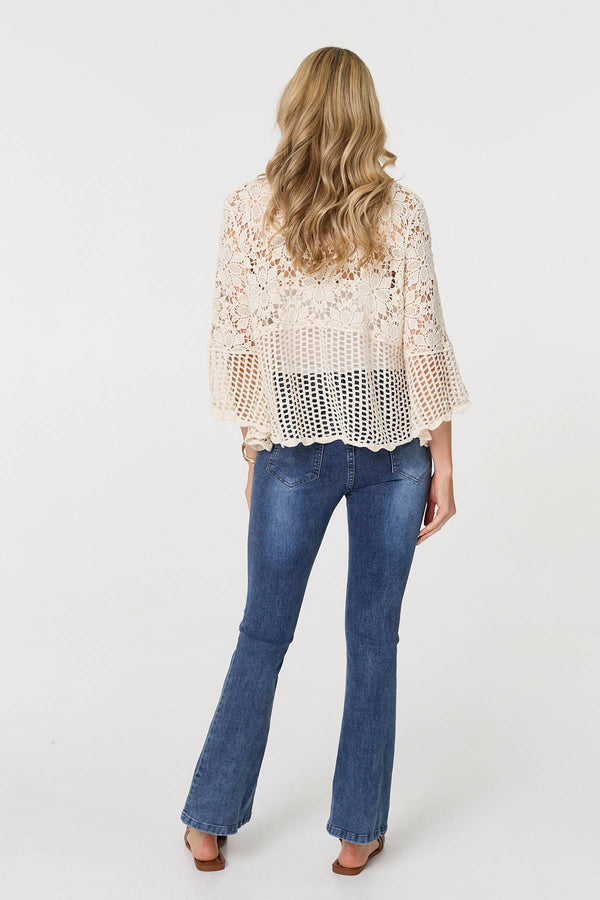 Cream | Semi Sheer Crochet 3/4 Sleeve Crop Top