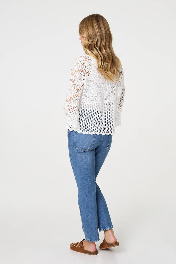 White | Semi Sheer Crochet 3/4 Sleeve Crop Top