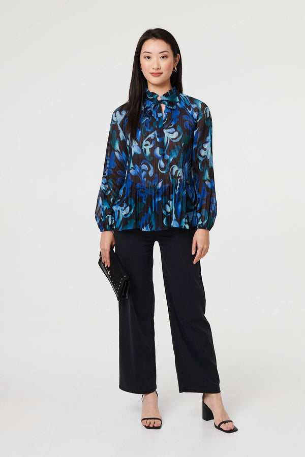 Blue | Printed Pleated Long Sleeve Tunic Blouse