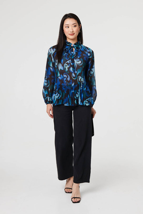 Blue | Printed Pleated Long Sleeve Tunic Blouse
