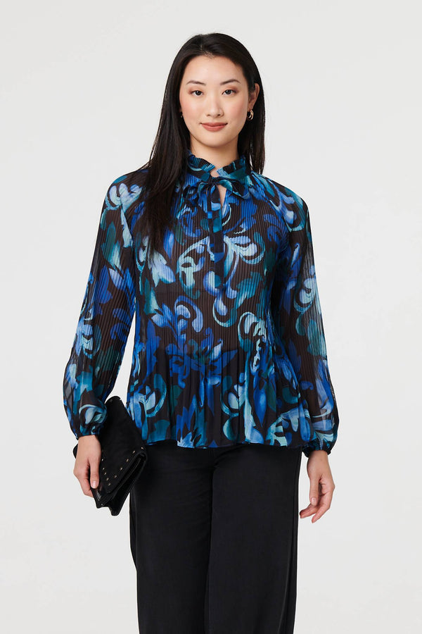 Blue | Printed Pleated Long Sleeve Tunic Blouse