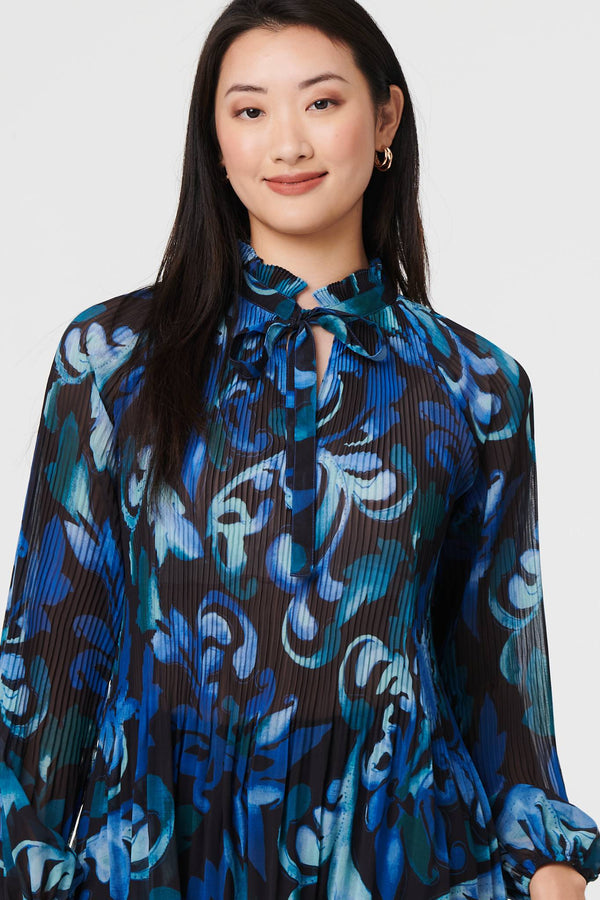 Blue | Printed Pleated Long Sleeve Tunic Blouse