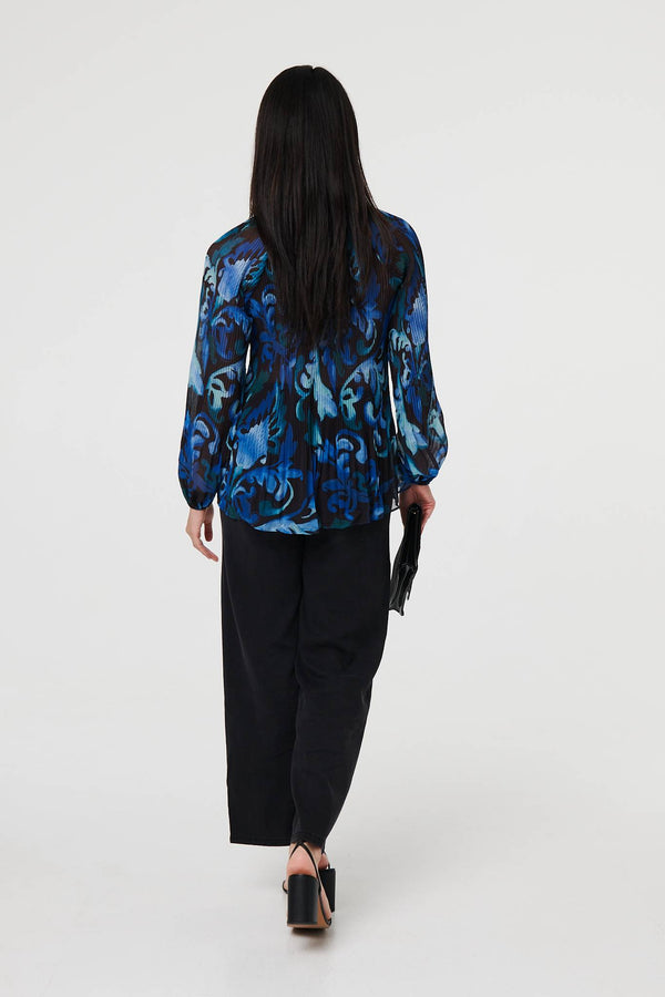 Blue | Printed Pleated Long Sleeve Tunic Blouse