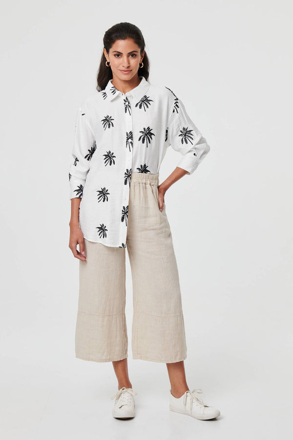 White | Tropical Print Relaxed Long Sleeve Shirt