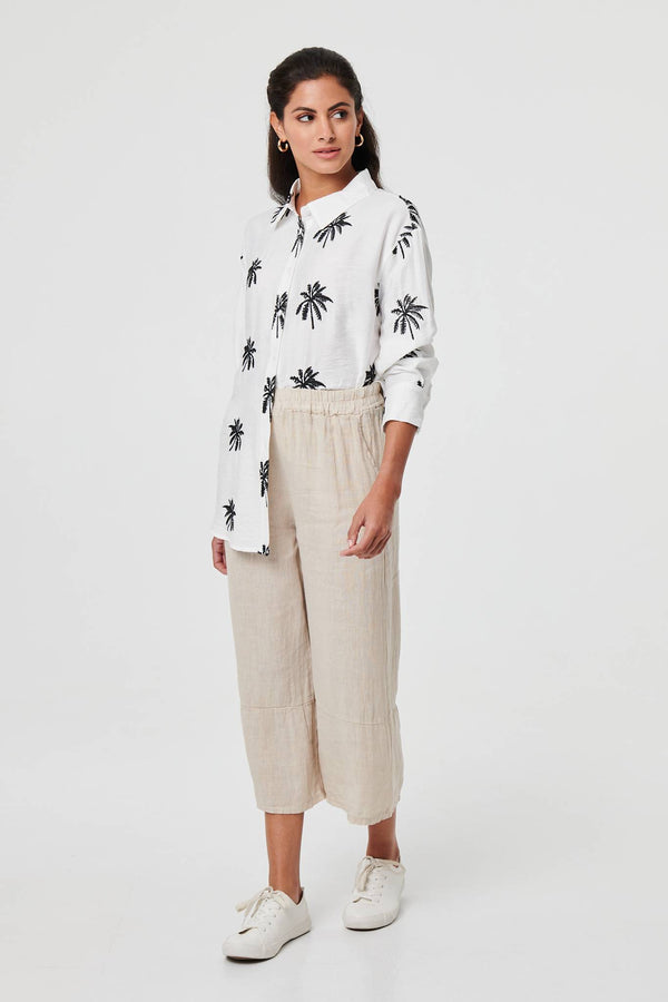 White | Tropical Print Relaxed Long Sleeve Shirt