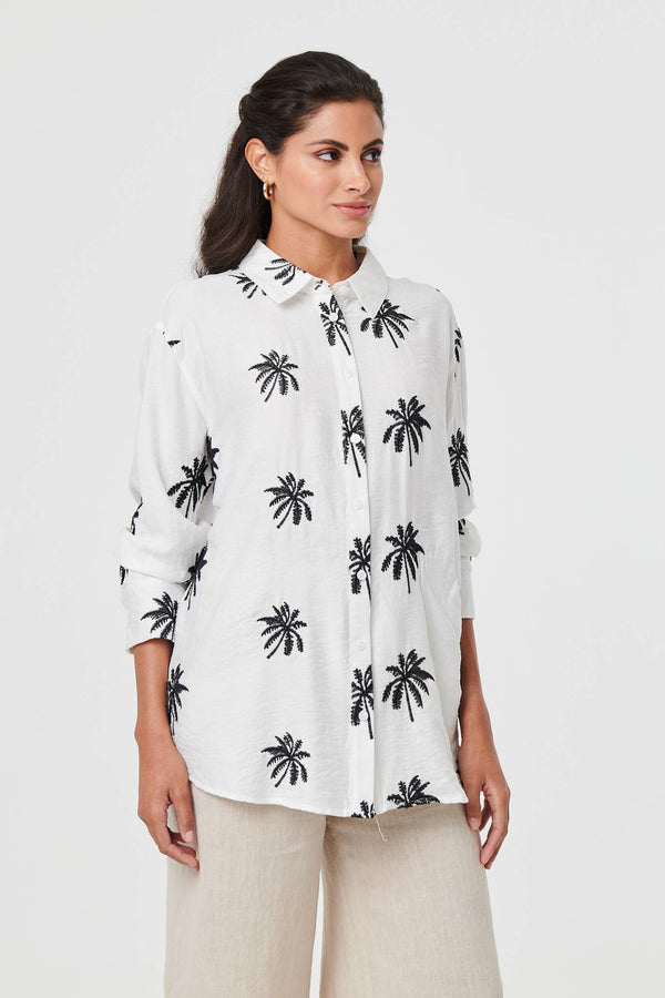 White | Tropical Print Relaxed Long Sleeve Shirt