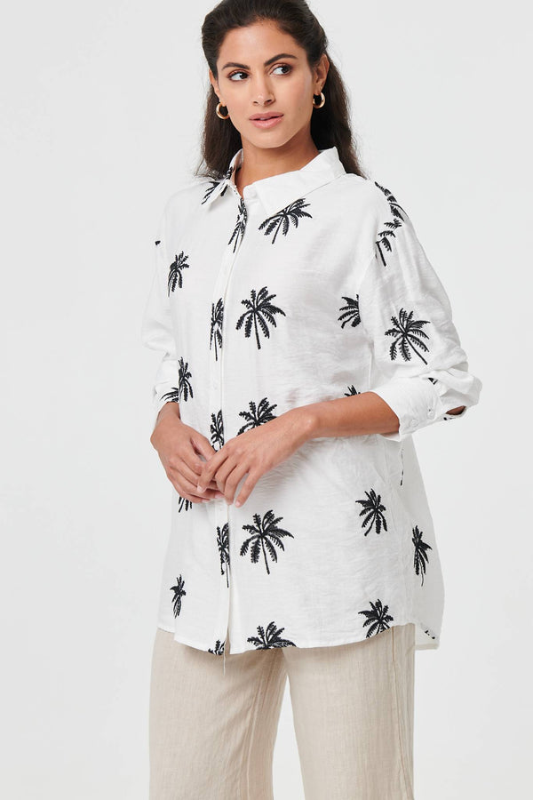 White | Tropical Print Relaxed Long Sleeve Shirt