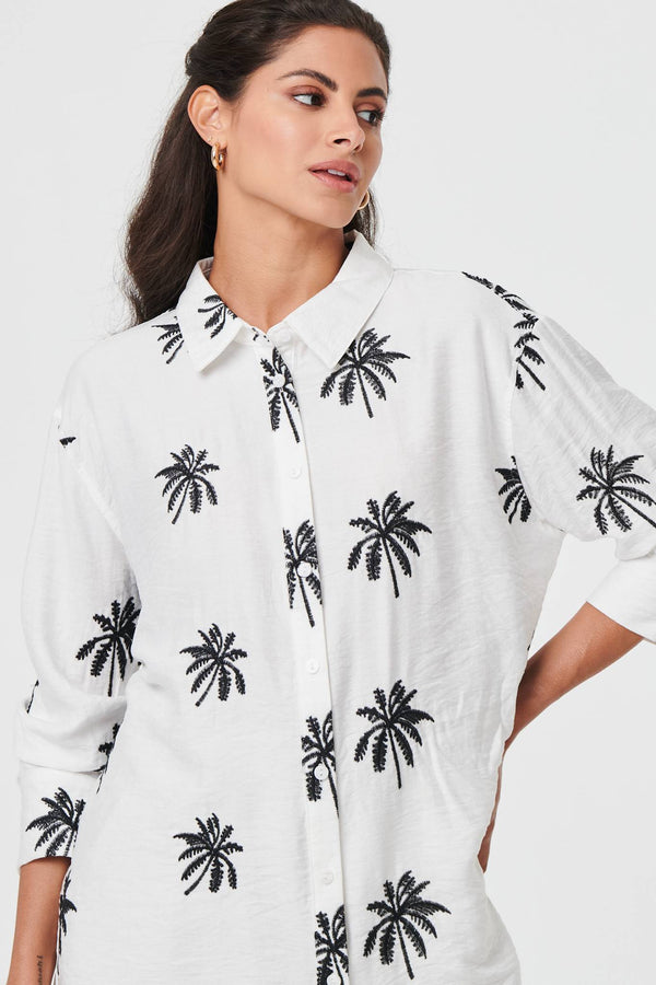 White | Tropical Print Relaxed Long Sleeve Shirt