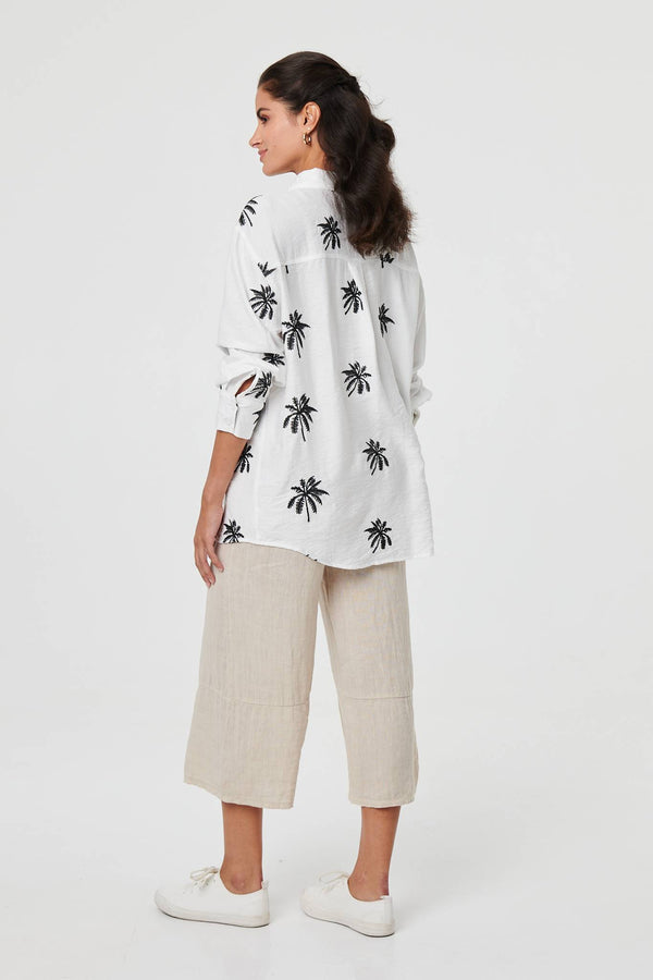White | Tropical Print Relaxed Long Sleeve Shirt