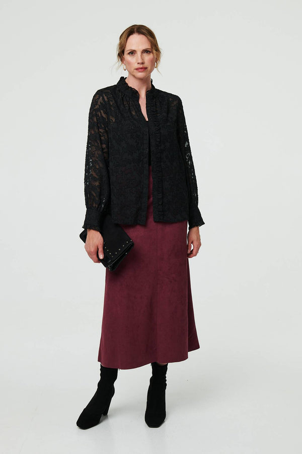 Black | Lace Frill Semi Sheer Long Sleeve Blouse