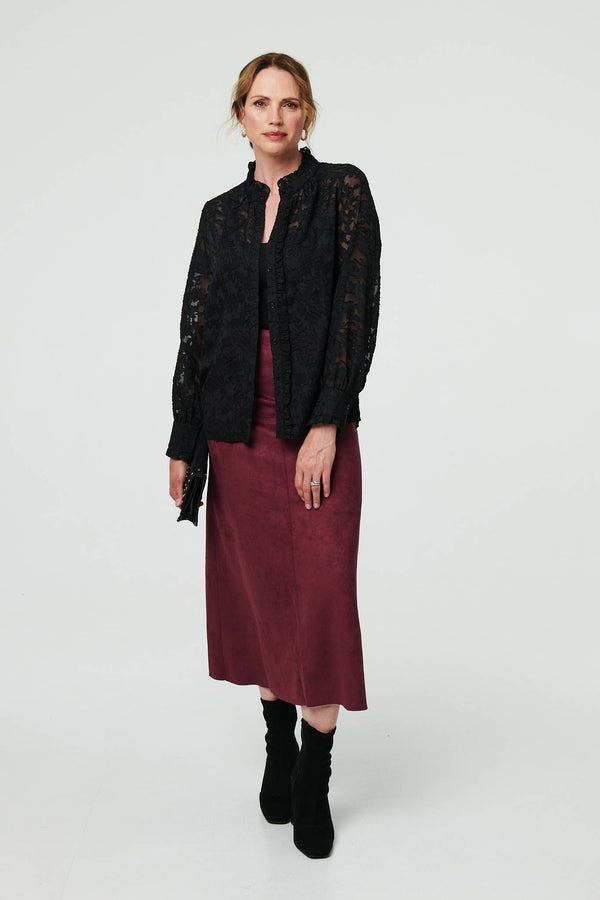 Black | Lace Frill Semi Sheer Long Sleeve Blouse