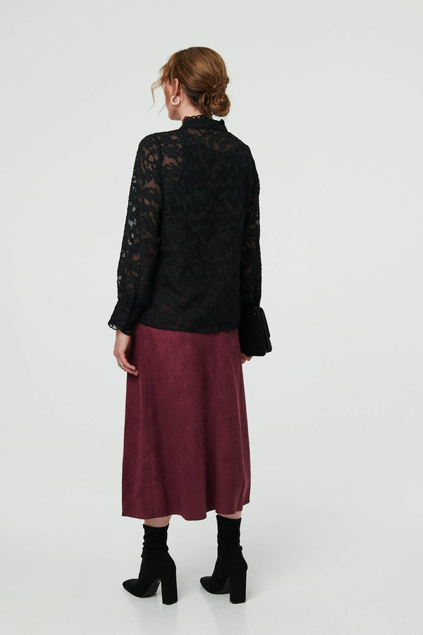 Black | Lace Frill Semi Sheer Long Sleeve Blouse