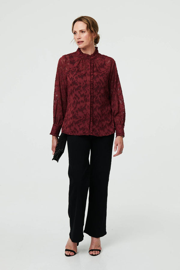 Red | Lace Frill Semi Sheer Long Sleeve Blouse
