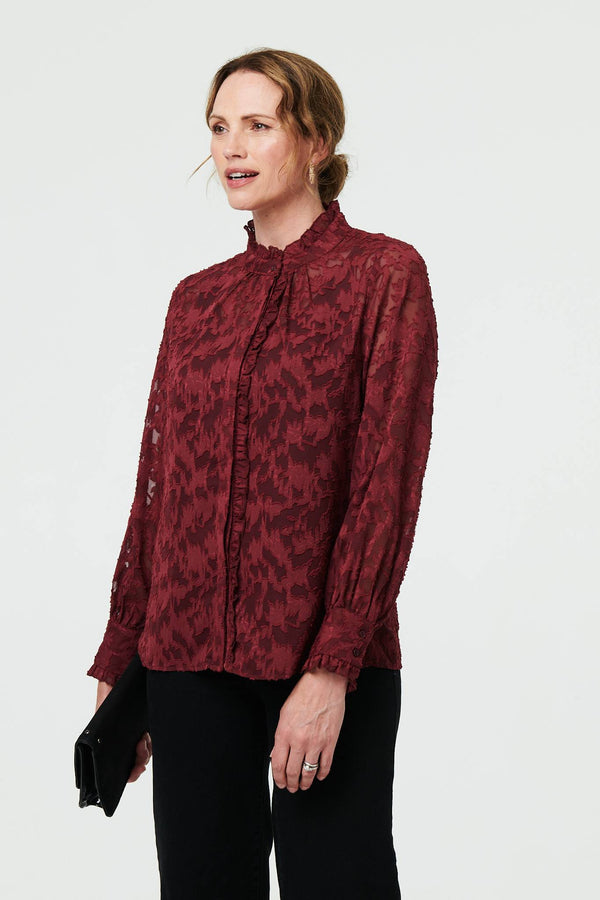 Red | Lace Frill Semi Sheer Long Sleeve Blouse