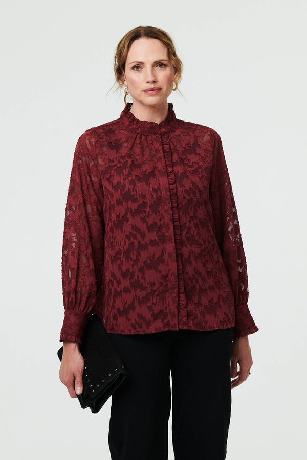 Red | Lace Frill Semi Sheer Long Sleeve Blouse