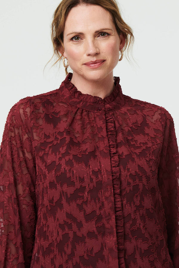 Red | Lace Frill Semi Sheer Long Sleeve Blouse