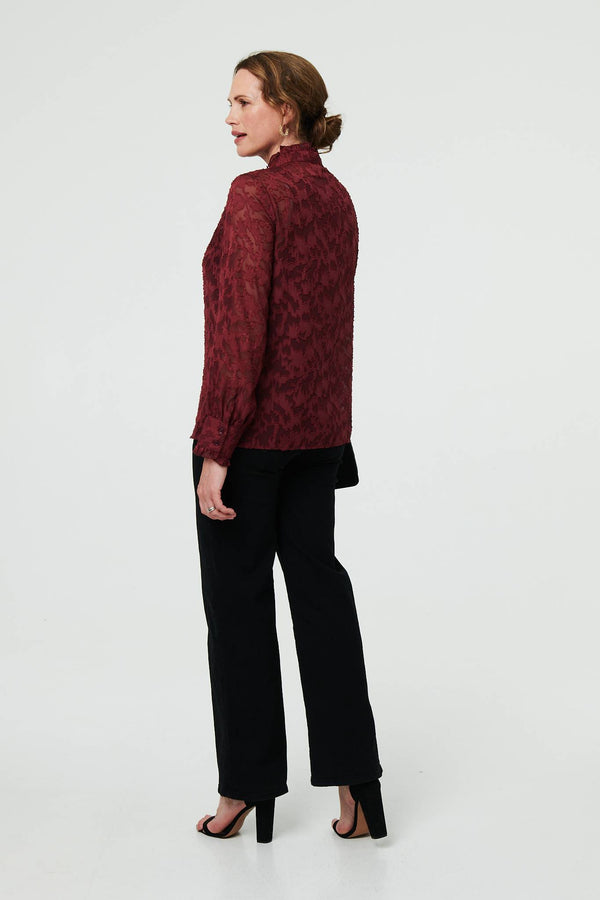 Red | Lace Frill Semi Sheer Long Sleeve Blouse