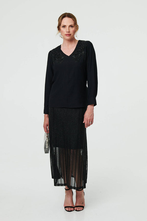 Black | Floral Embroidered Long Sleeve Top