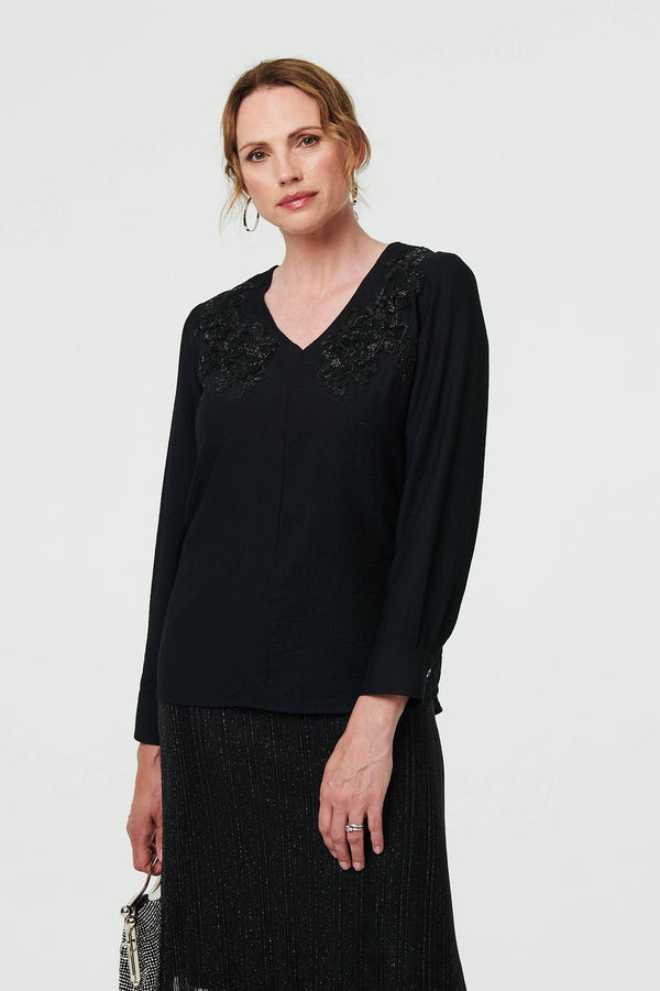 Black | Floral Embroidered Long Sleeve Top