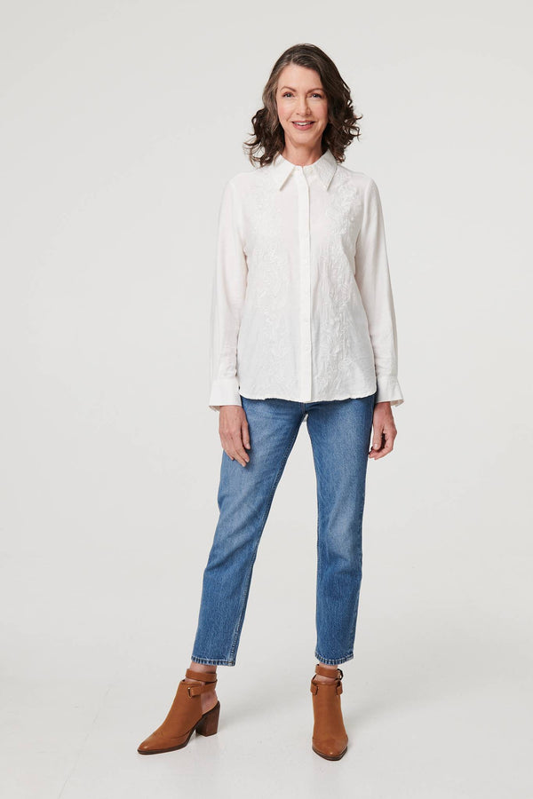White | Floral Embroidered Long Sleeve Shirt