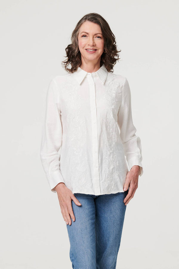 White | Floral Embroidered Long Sleeve Shirt