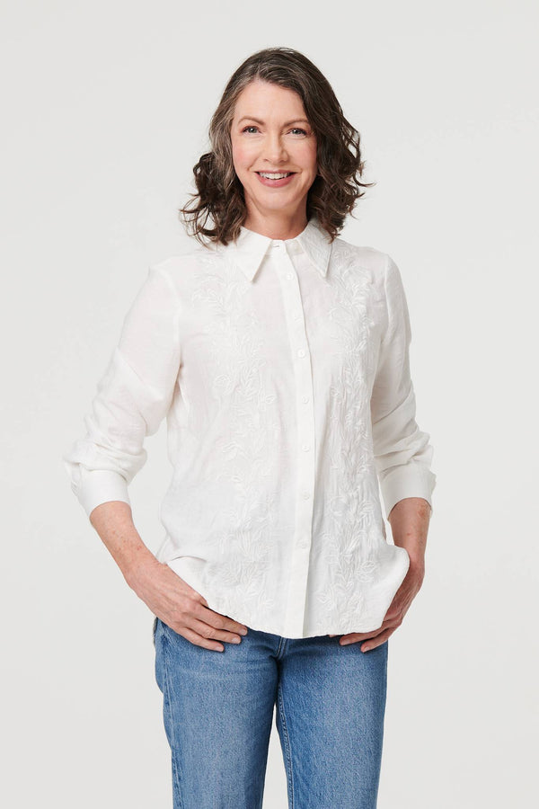 White | Floral Embroidered Long Sleeve Shirt