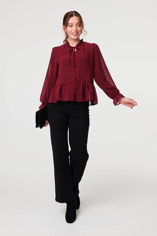 Burgundy | Textured Semi Sheer Frilled Blouse