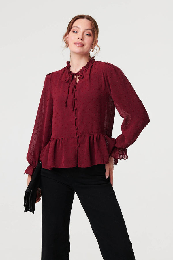Burgundy | Textured Semi Sheer Frilled Blouse