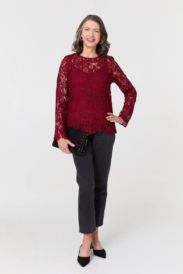 Red | Lace Texture Layered Long Sleeve Blouse