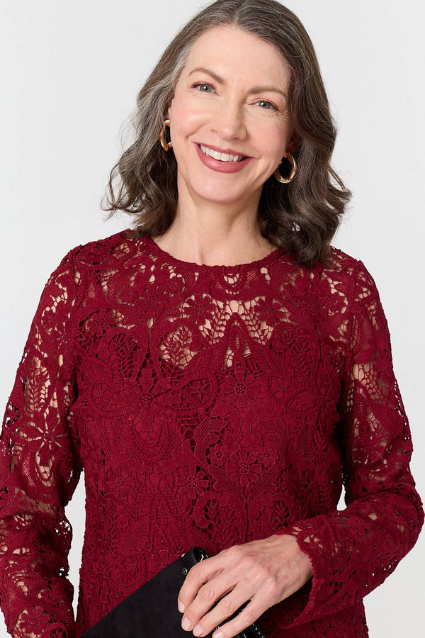 Red | Lace Texture Layered Long Sleeve Blouse