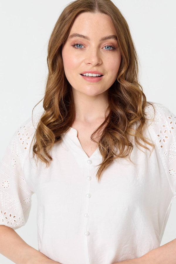 White | Broderie Anglaise 3/4 Puff Sleeve Blouse